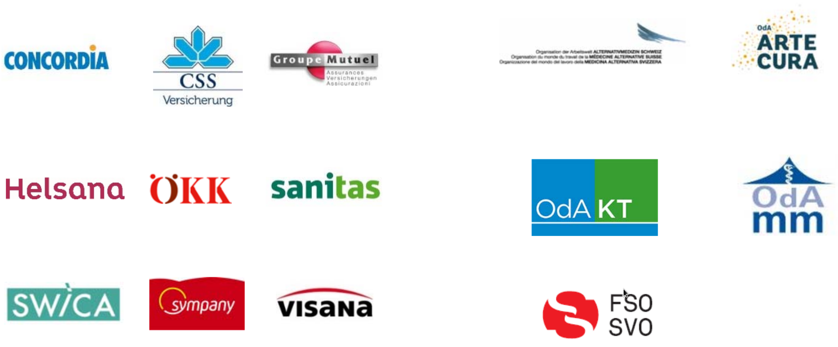 Concordia, CSS, Groupe Mutuel, Helsana, ÖKK, Sanitas, SWICA, Sympany, Cisana